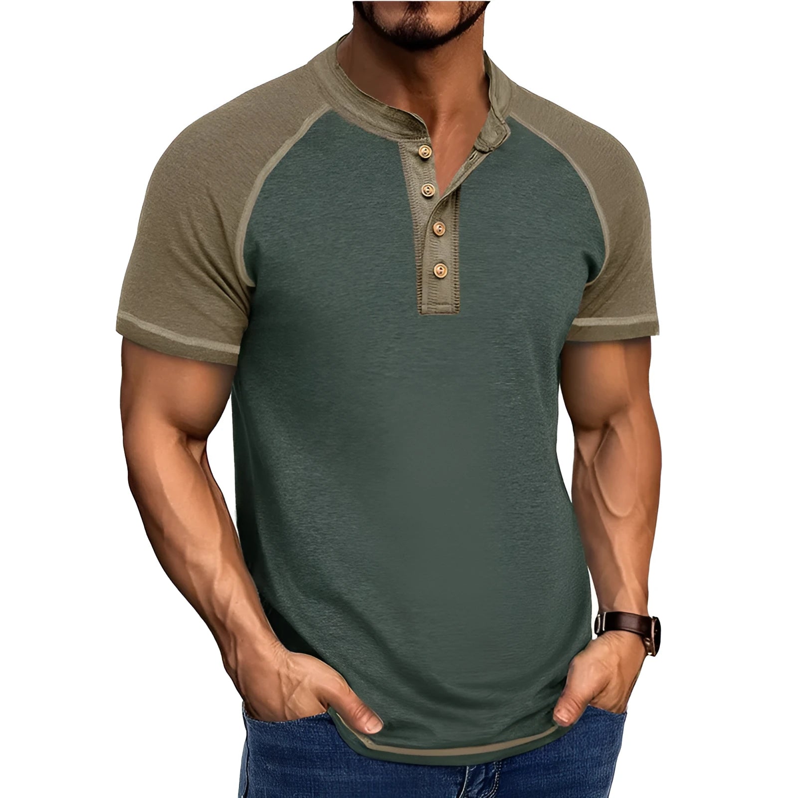Men's short sleeve cotton blend top with raglan sleeves in two-tone colour combination