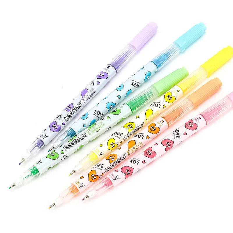 Six double-headed watercolour highlighter pens in pink, orange, yellow, green, blue, and purple colours showing plug-in design
