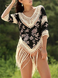 Women's apricot mercerised cotton sun protection blouse with V-neck and hollow-out sleeves