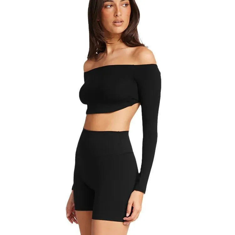 Off-shoulder yoga top with chest pad, slim fit, in black, for women fitness sports