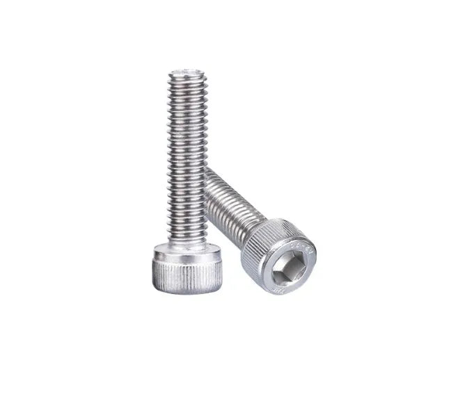 Stainless steel turntable cartridge mounting kit with allen bolts, nuts, washers, and two allen keys on a dark surface.