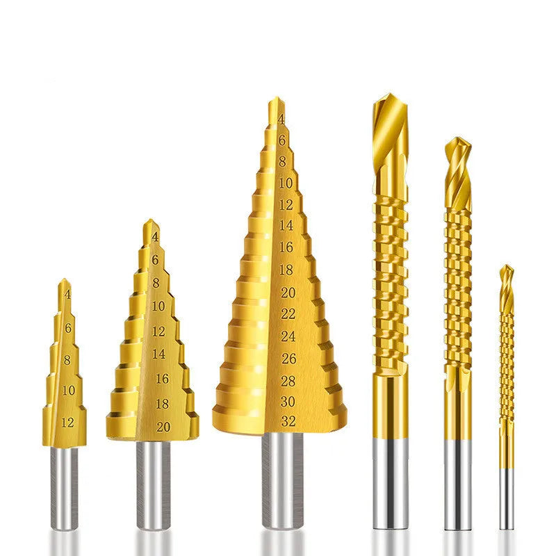 High-speed steel cone step drill bit and centre punch set for metal and wood drilling
