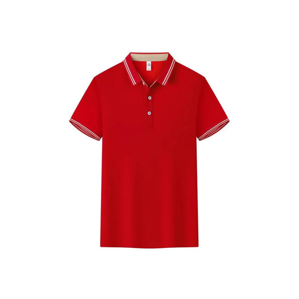 Men's slim fit cotton blend polo shirt with collar and short sleeves on a hanger.