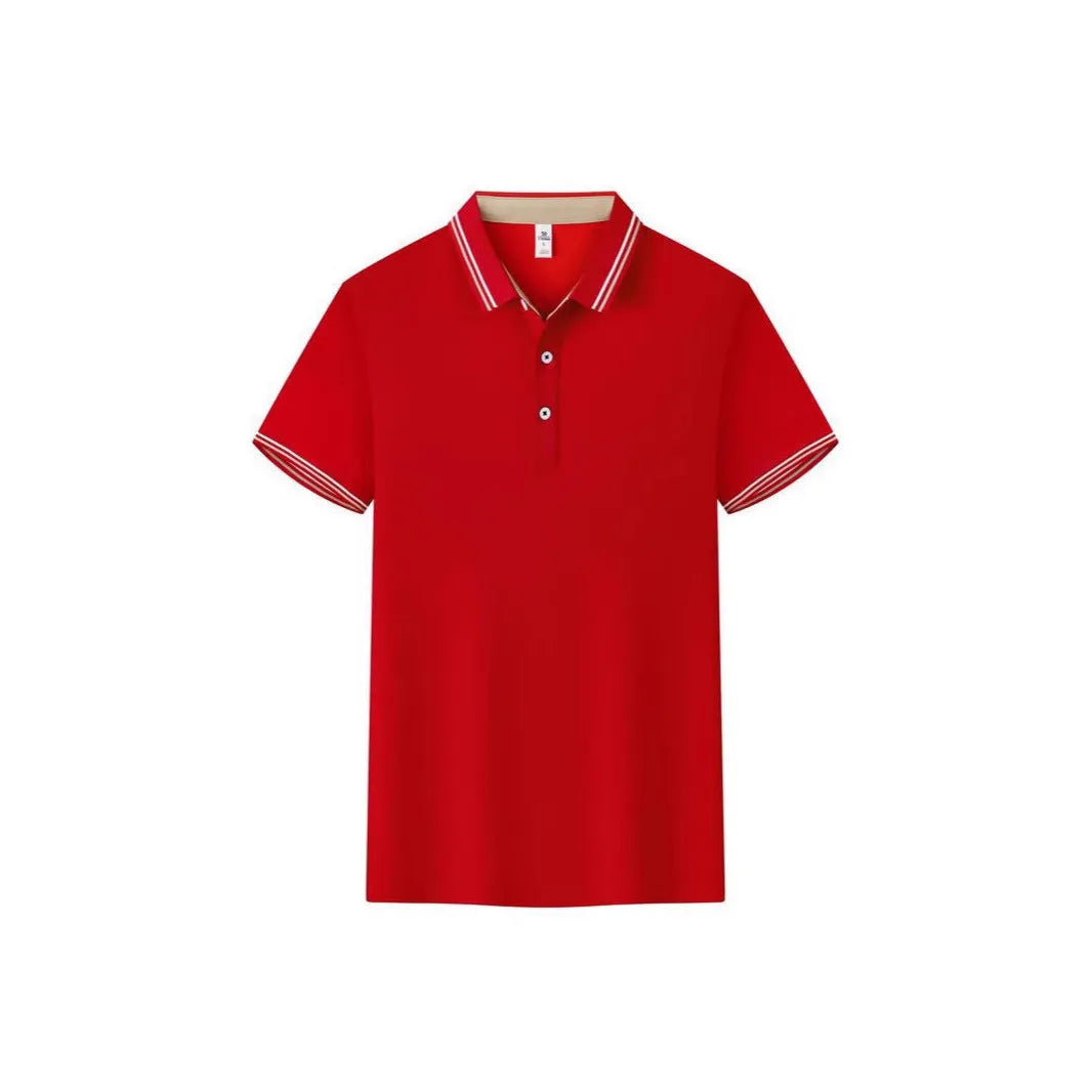 Men's slim fit cotton blend polo shirt with collar and short sleeves on a hanger.