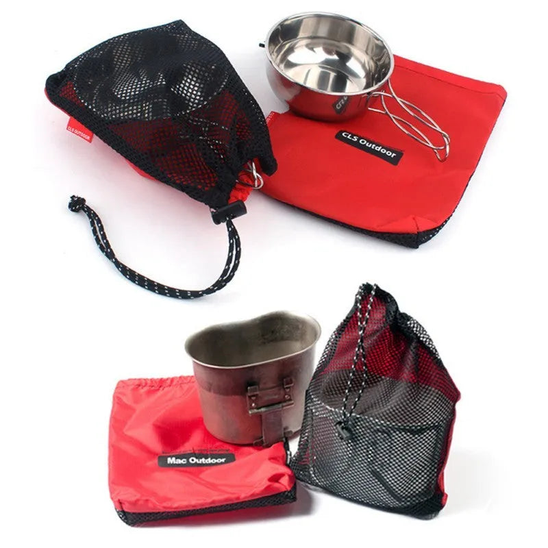 Set of five red outdoor travel storage bags with zippers and mesh panels on a plain background