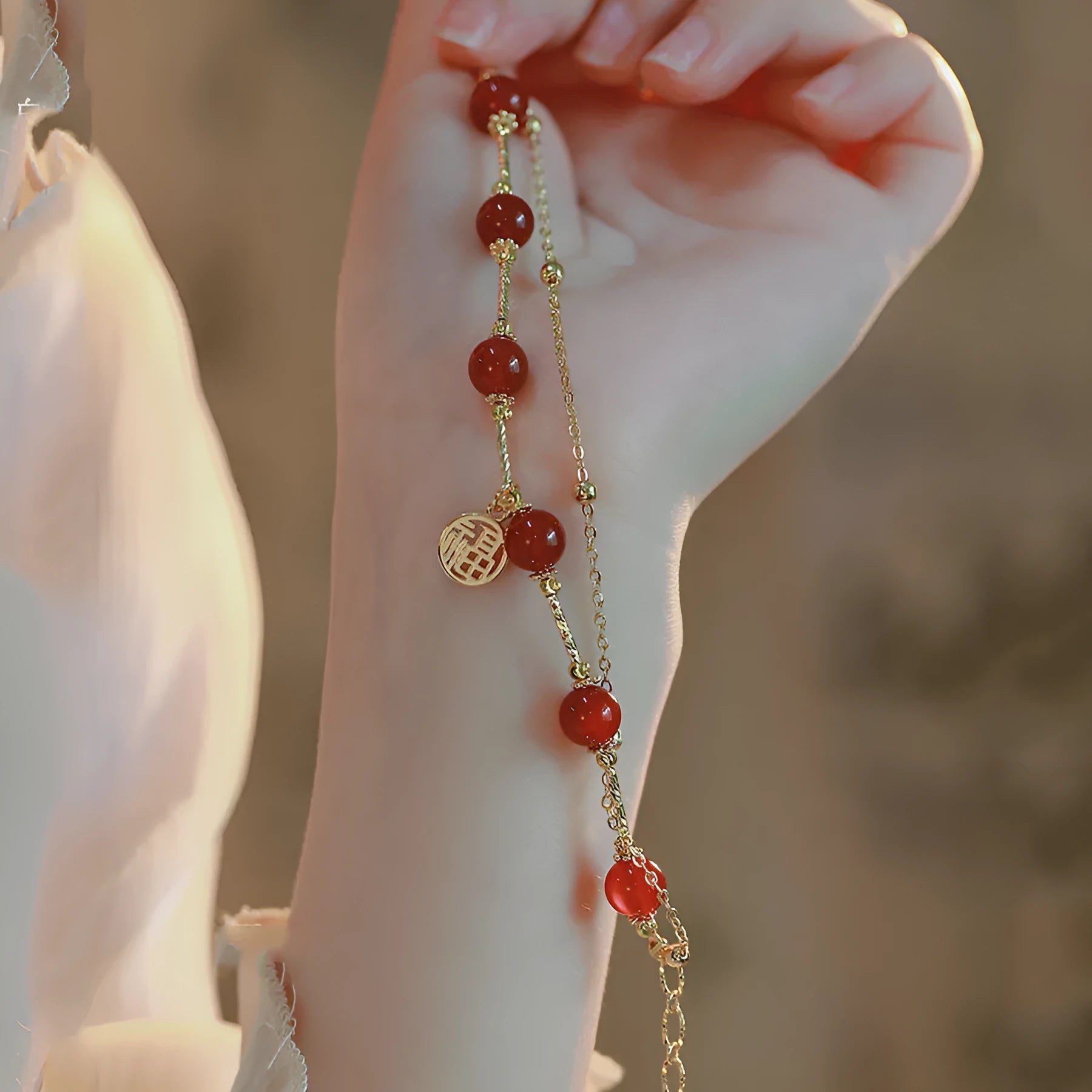 Red agate double-layer bracelet with horse charm and blessing card in electroplated alloy with chamfered square pattern