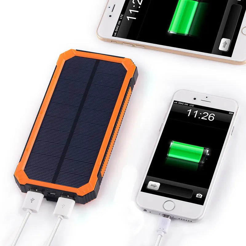 Solar power bank in orange, green, black or yellow with polymer lithium battery and compact plastic housing