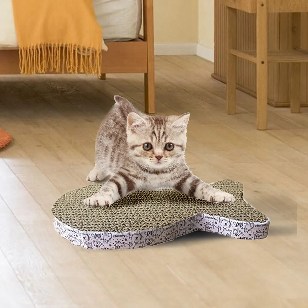 Corrugated paper cat scratcher toy in fish, butterfly, and cat head shapes, flat 2.5cm thick floor pad