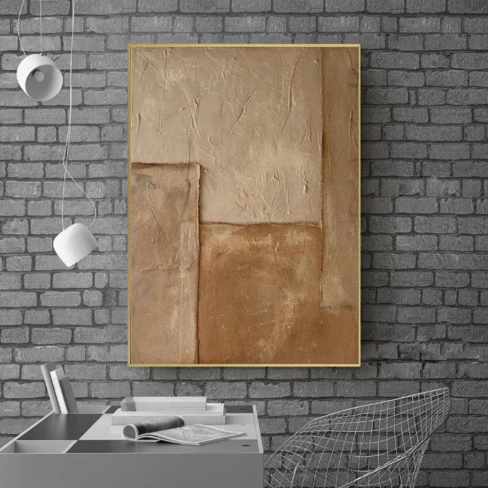 Large handmade abstract oil painting on canvas, brown textured medieval wabi-sabi style, vertical one-panel wall art, no frame