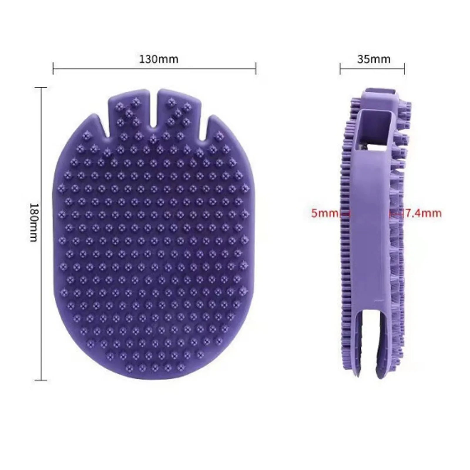 Purple dual-sided TPR pet massage and shampoo brush for dogs and cats.