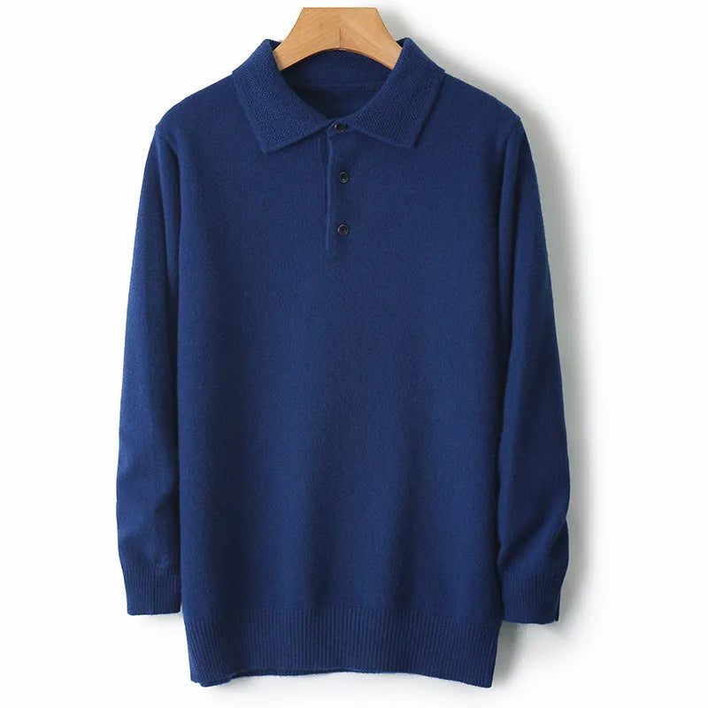 Men's wool pullover sweater with a polo collar in various colours on a size chart background.