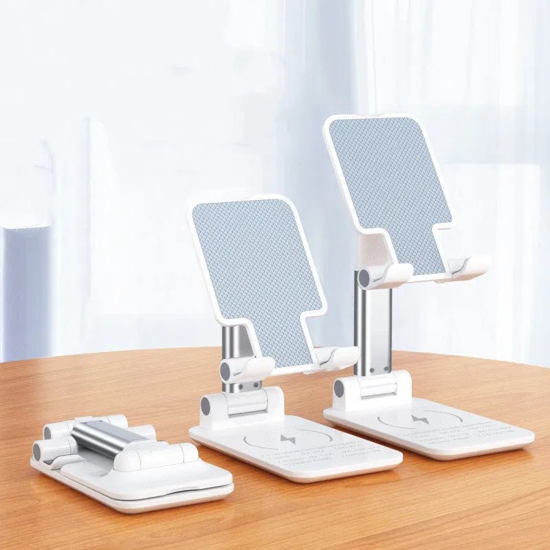 Cool black desktop wireless charging stand holding a mobile phone at an angle for viewing.