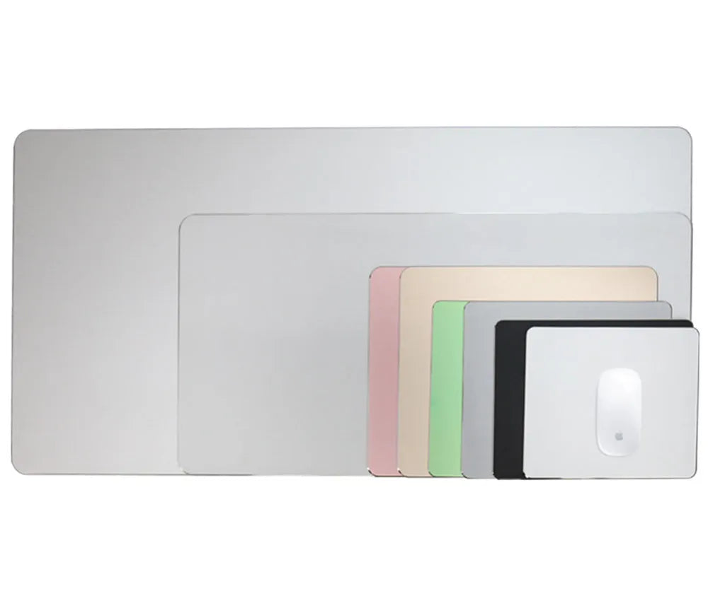 Aluminium alloy metal mouse pad double-sided with wrist support in black, gold, and silver colours, 230x180mm to 600x300mm sizes