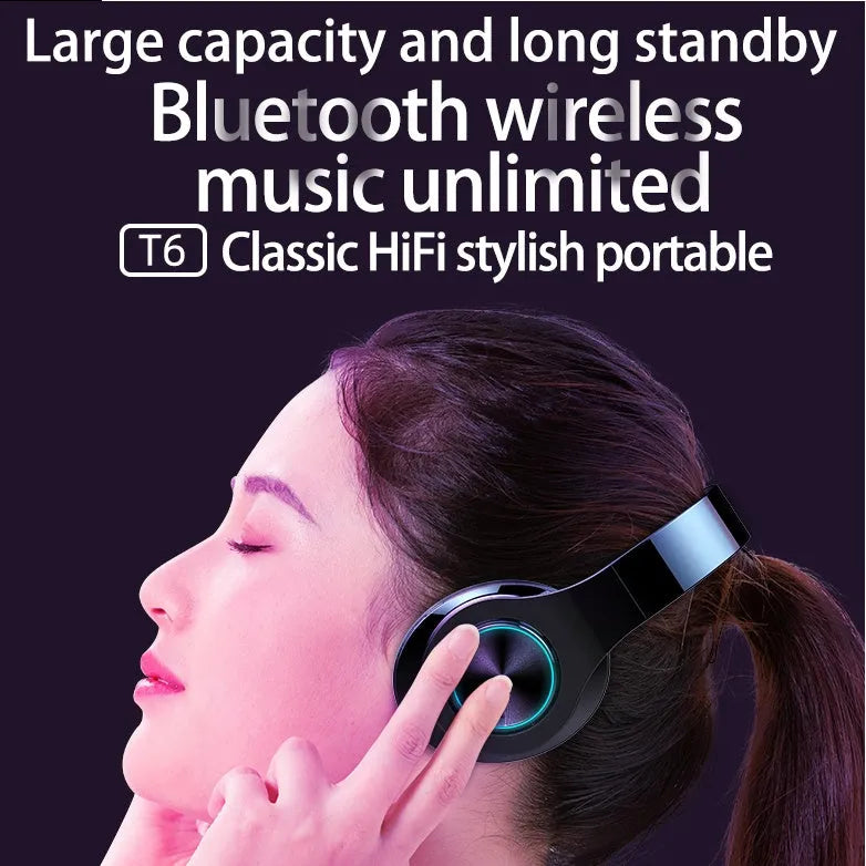 T6 wireless Bluetooth headset with microphone for calls and music.