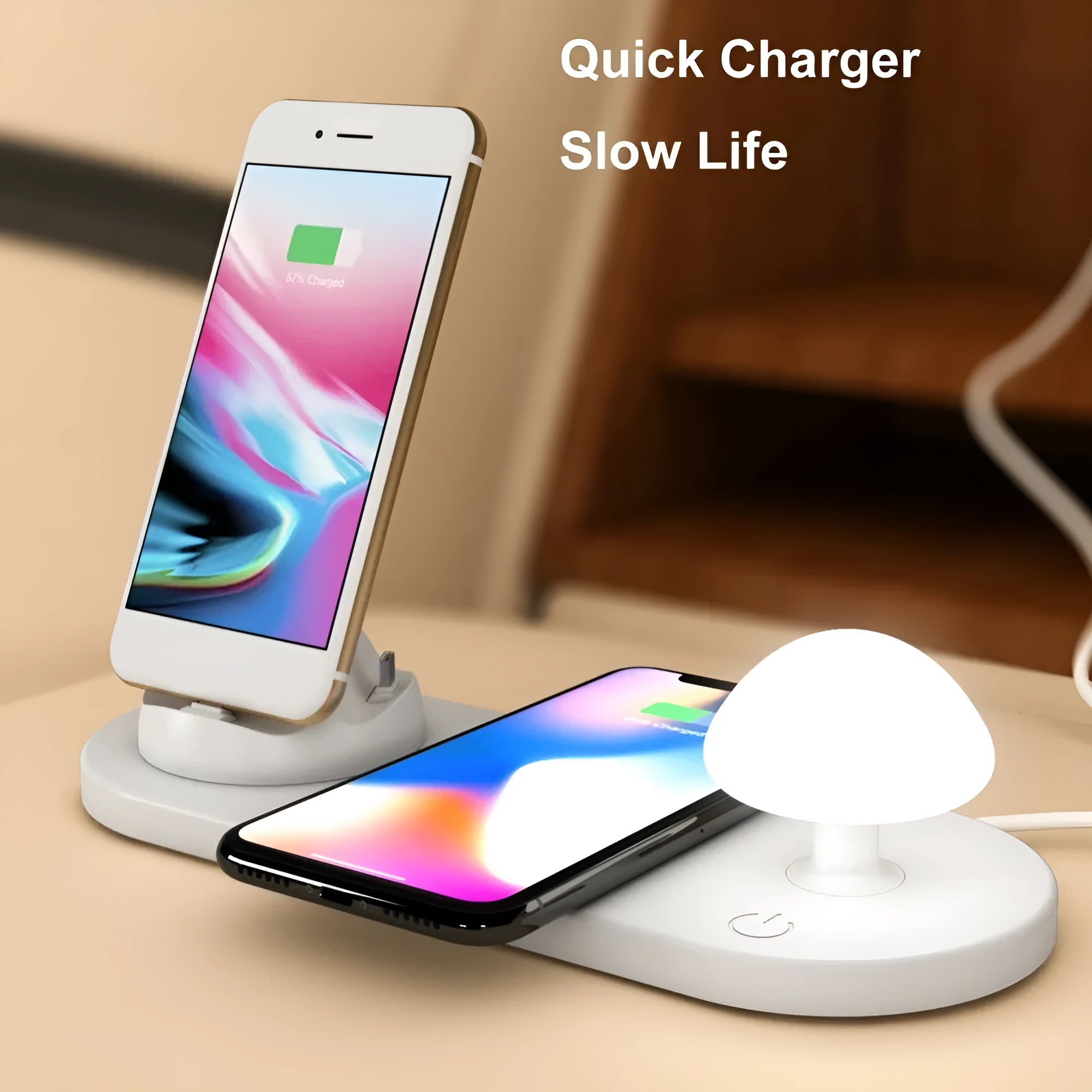White 3 in 1 wireless charging dock with a phone on the pad and USB cable
