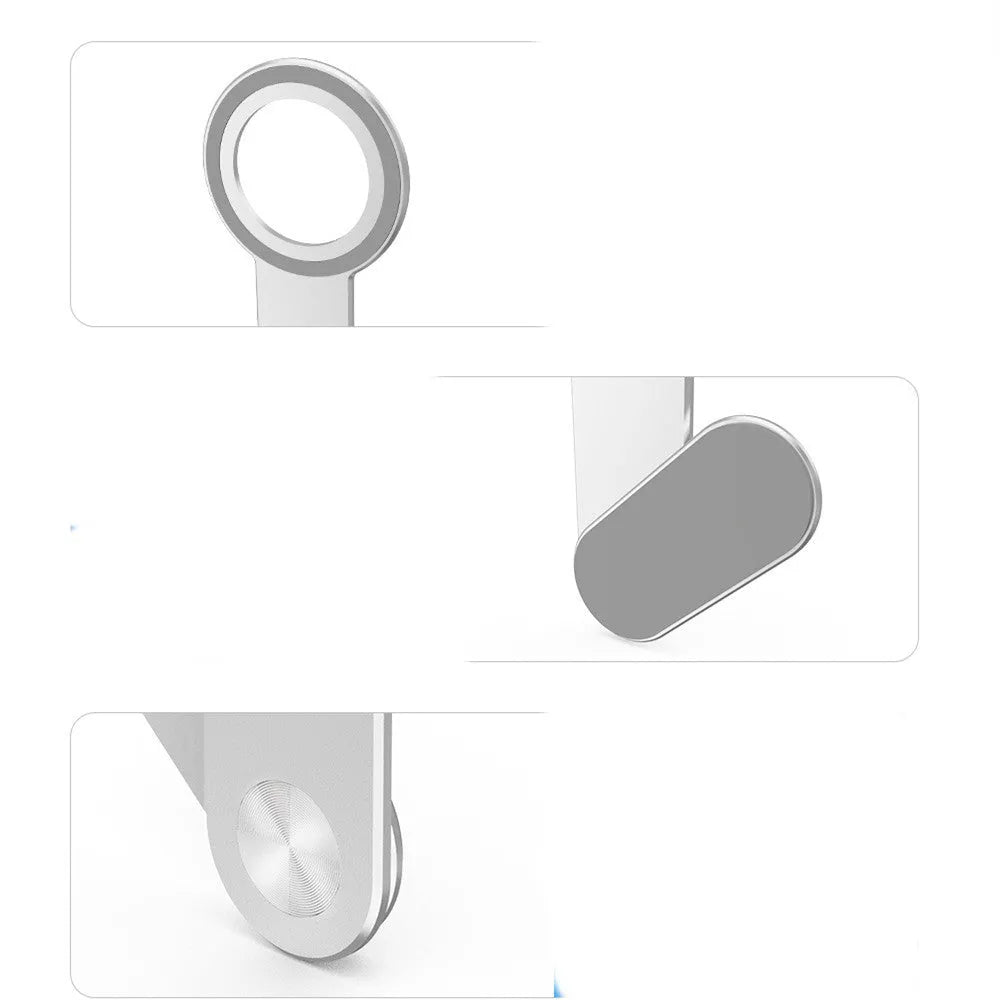 Metallic silver aluminium alloy desktop mobile phone holder with magnetic mount.