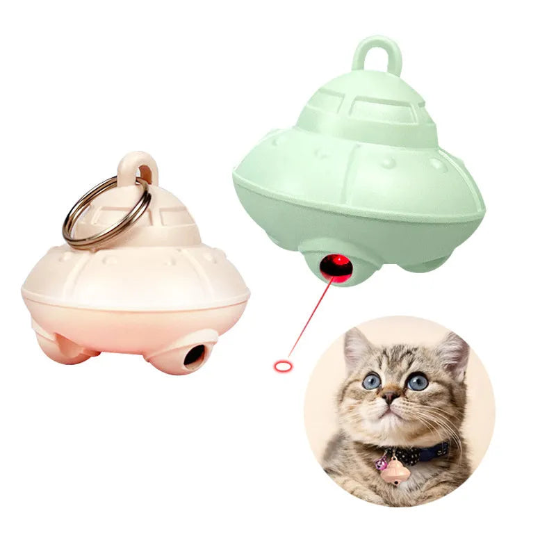 Green cat collar laser toy showing USB charging port and rotating mechanism
