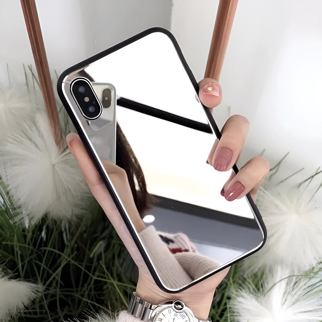 Black mirror phone case for Apple iPhone showing reflective surface on the back cover.