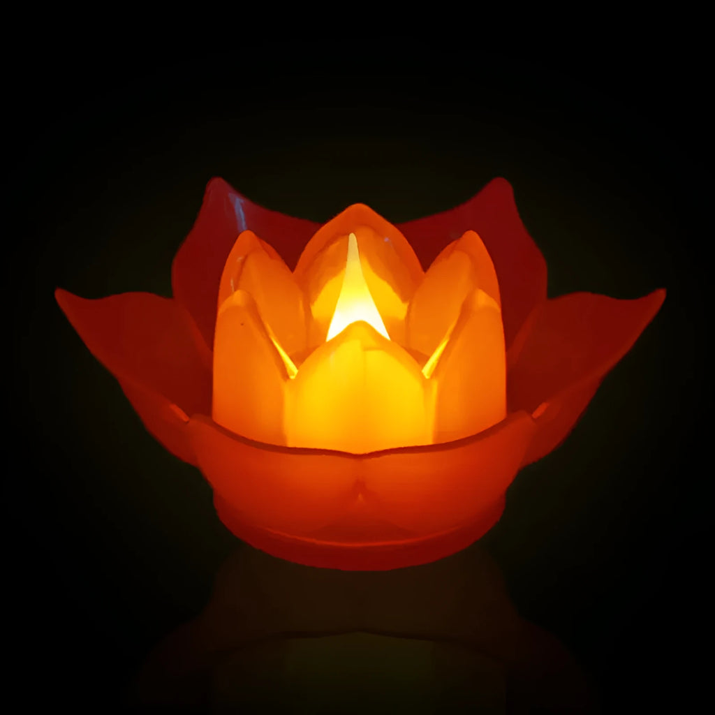 Electronic plastic lotus lamp with battery-operated LED light in red, smoke-free decorative lantern