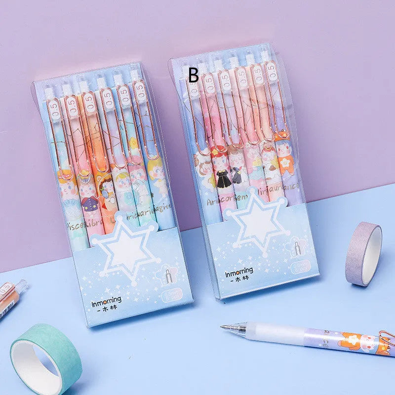 Set of six constellation-themed press gel pens with 0.5mm tips and cartoon zodiac designs.