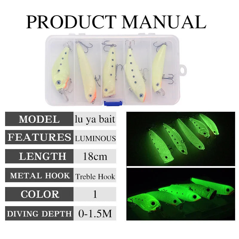 Set of five fluorescent 3D hard bait fishing lures with luminous finish on a blue background.