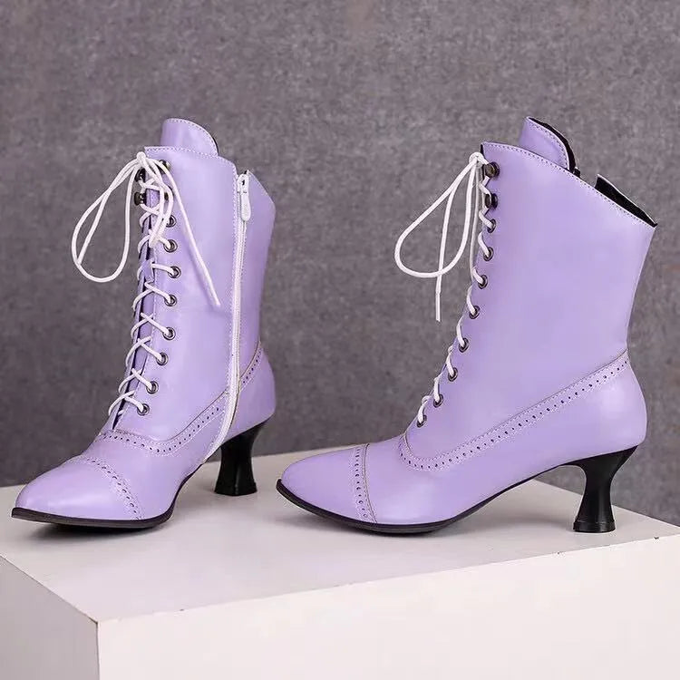 Women's large size Martin boots with wine glass heel in solid colour, mid-calf round toe, sizes 34 to 44