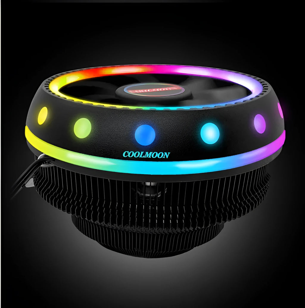 Black CPU heat sink with aluminium fins and colour changing fan for desktop PC cooling