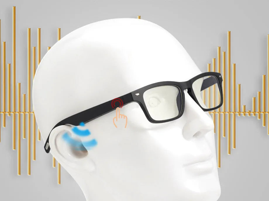 Black smart glasses with Bluetooth open-ear audio speakers on temples and choice of lenses