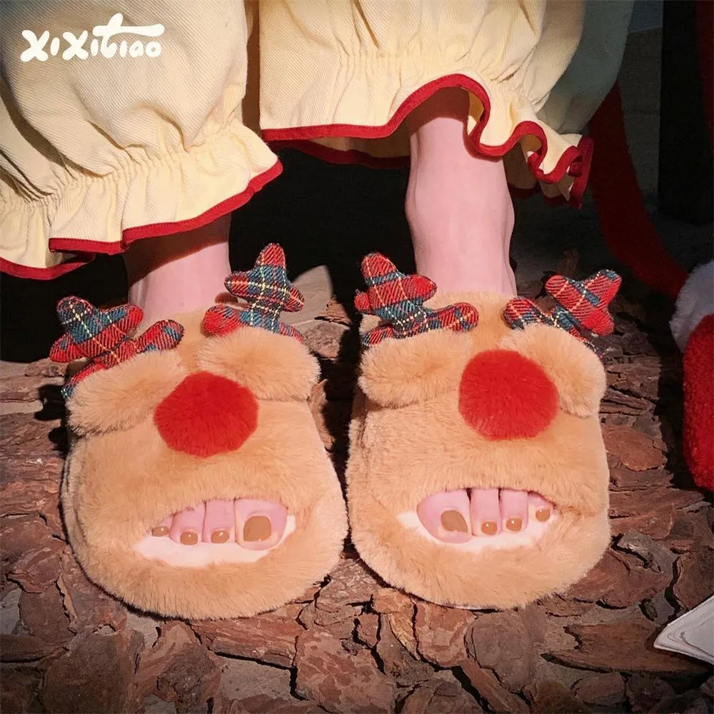 Brown women's cotton suede slippers with a cartoon deer print and PVC sole.