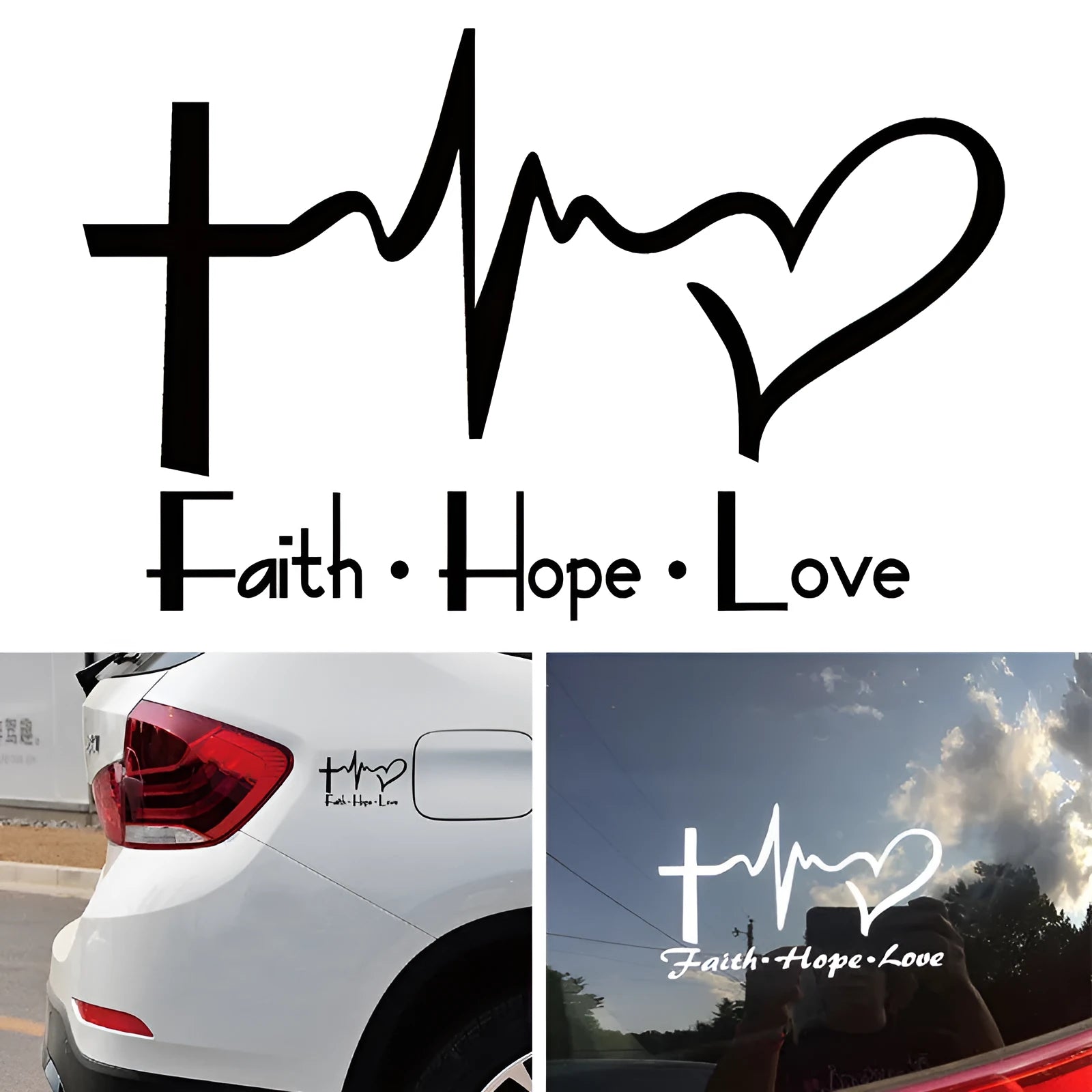 Faith Hope Love Plus wall sticker black PVC decal measuring 14.6x9cm