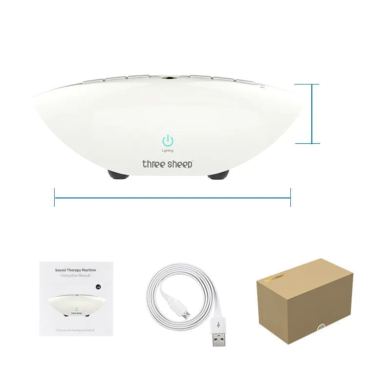 White plastic white noise sleep aid machine with mechanical buttons, 22cm tall.