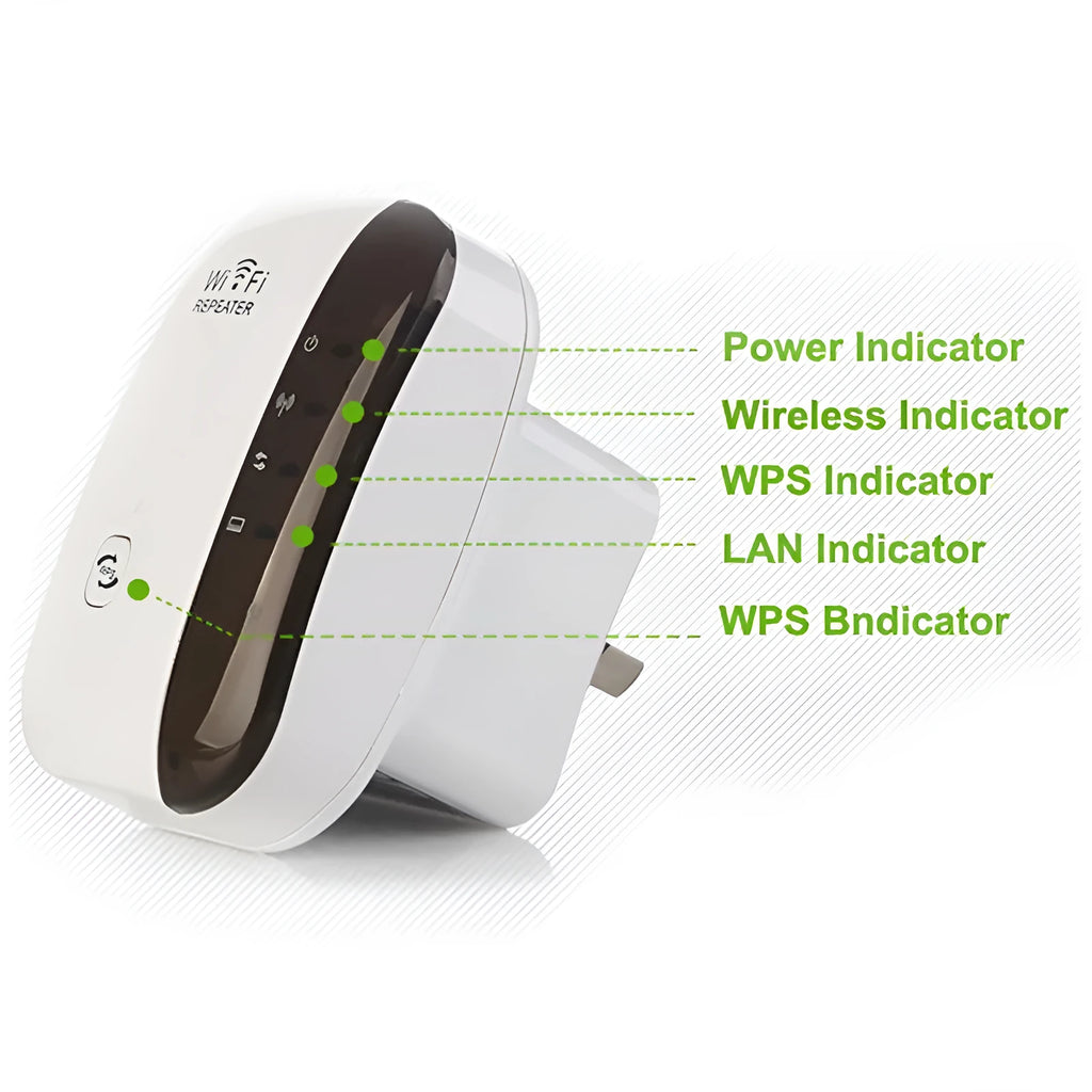 White and black WiFi repeater 300Mbps 2.4GHz with UK plug and integrated antennas isolated on white background