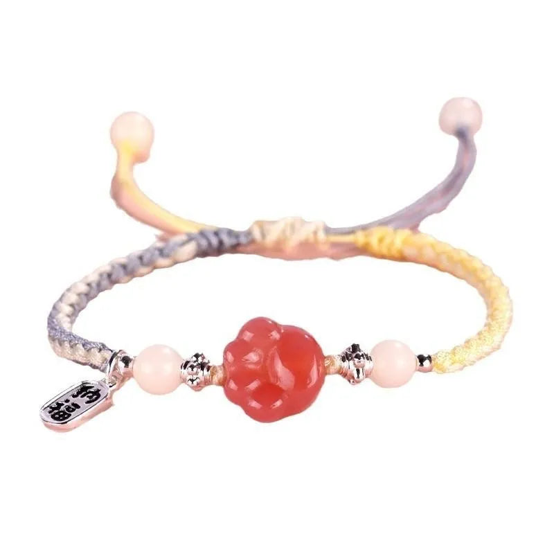 Red cat's paw woven couple bracelet with glass beads in pastoral style adjustable jewellery