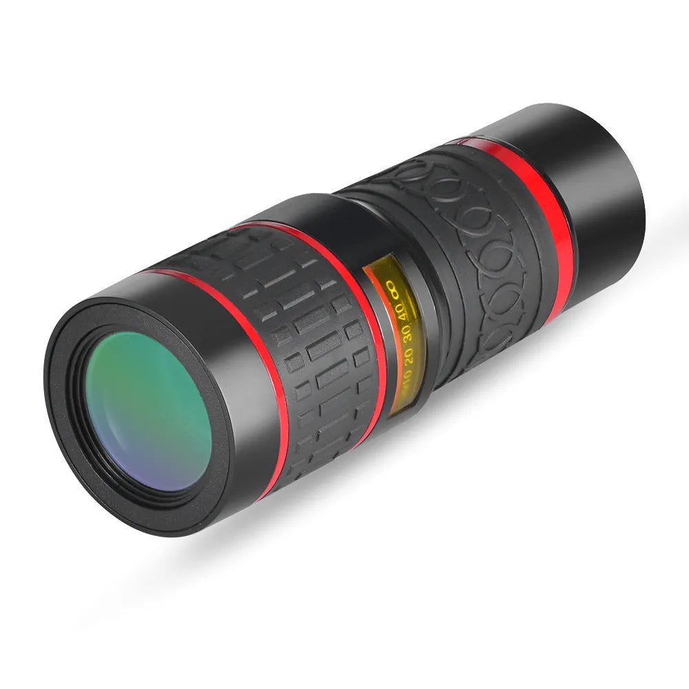 20x magnification smartphone telescope with universal mounting clip and eyepiece mask on a mobile phone.