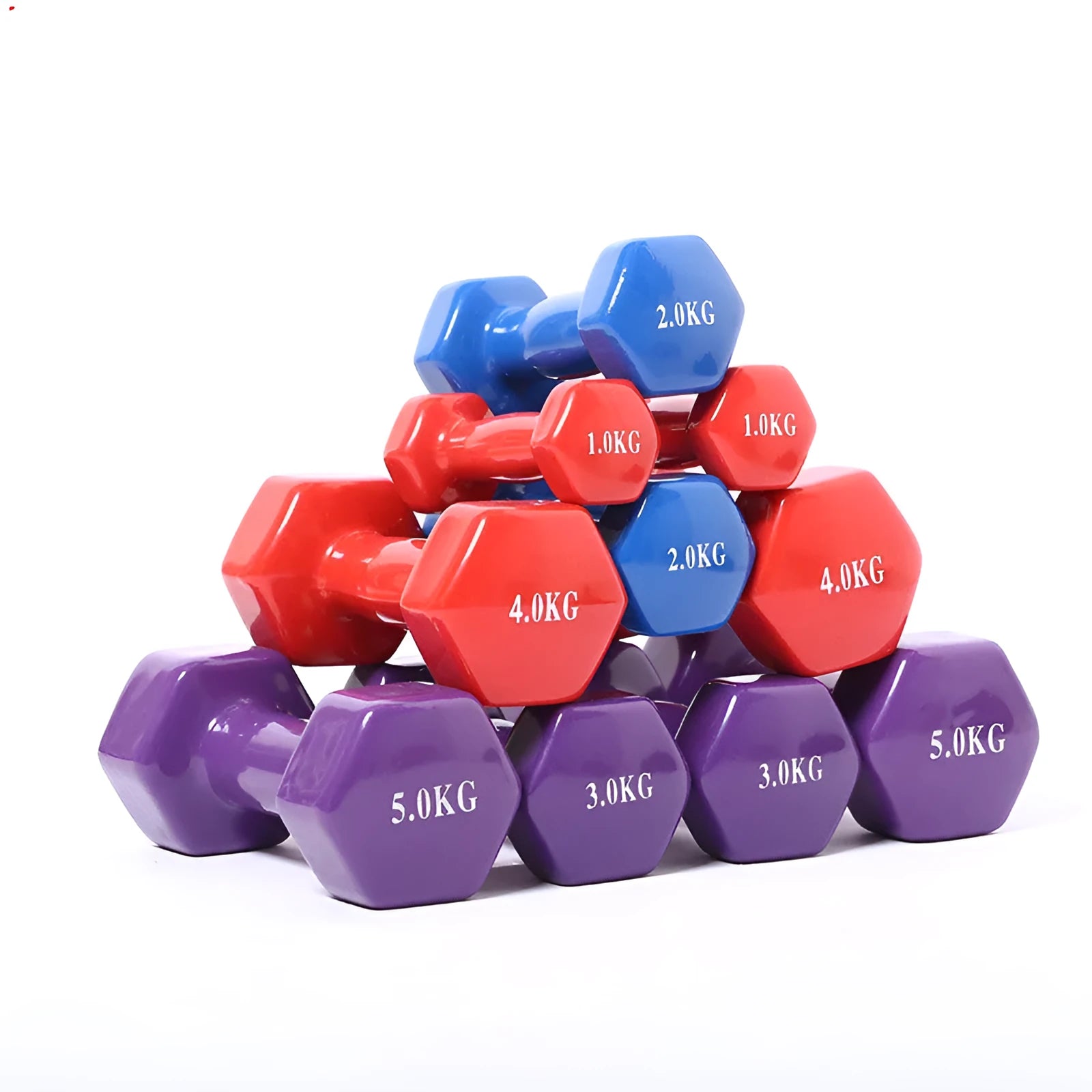 Bright colour plastic-coated fitness dumbbells in 0.5kg, 1kg, and 1.5kg weights for home exercise