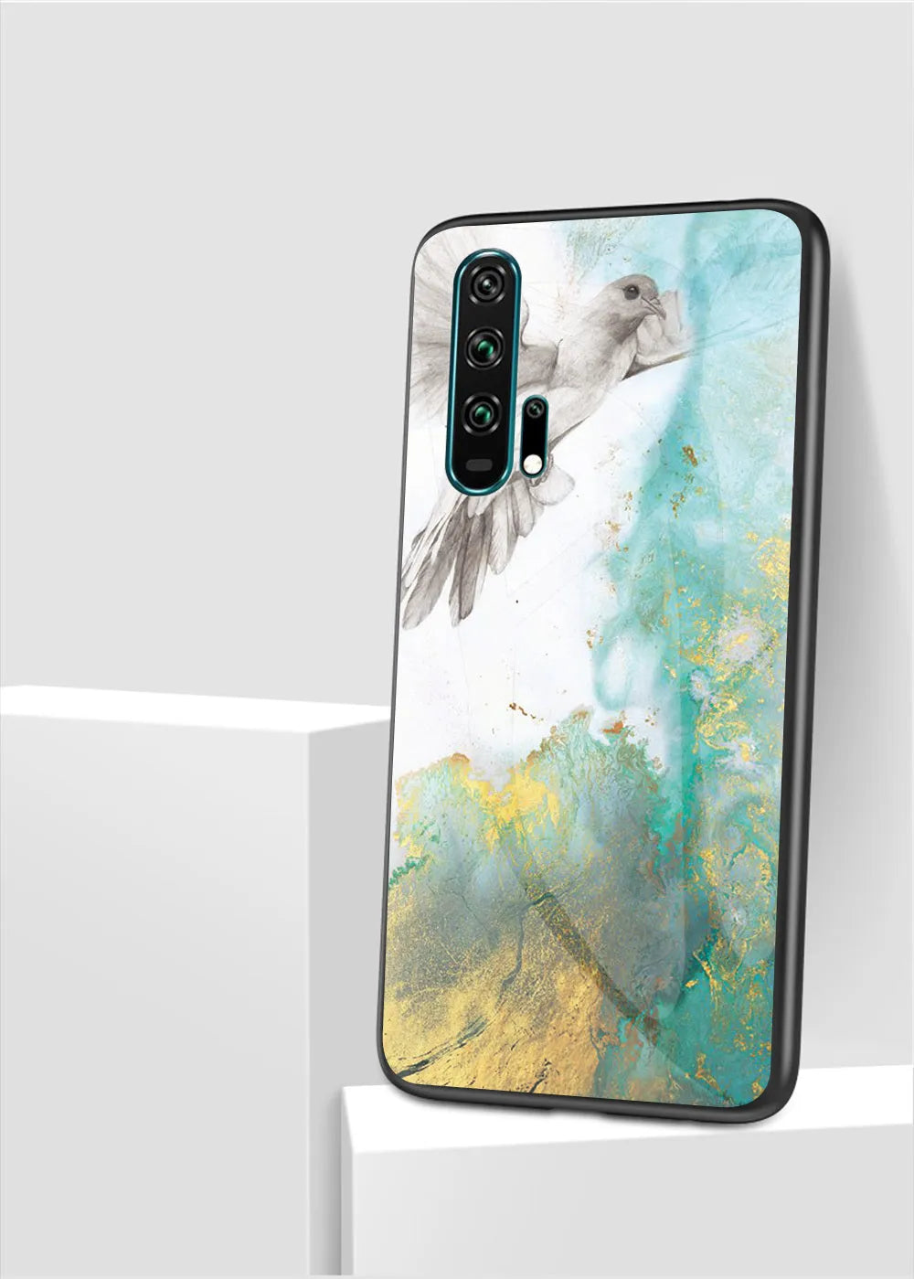 Honor 20 Pro in a black marble glass phone case with a silicone border.