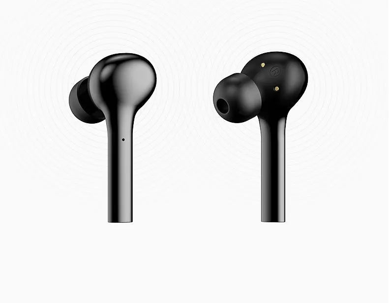 Black or white wireless in-ear headphones with charging case showing touch controls and Bluetooth 5.0 connectivity