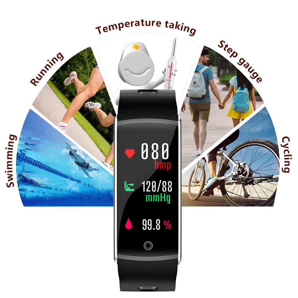 F10T smart health bracelet with colour screen on a silicone wristband, showing black, orange, red, and green colour options.