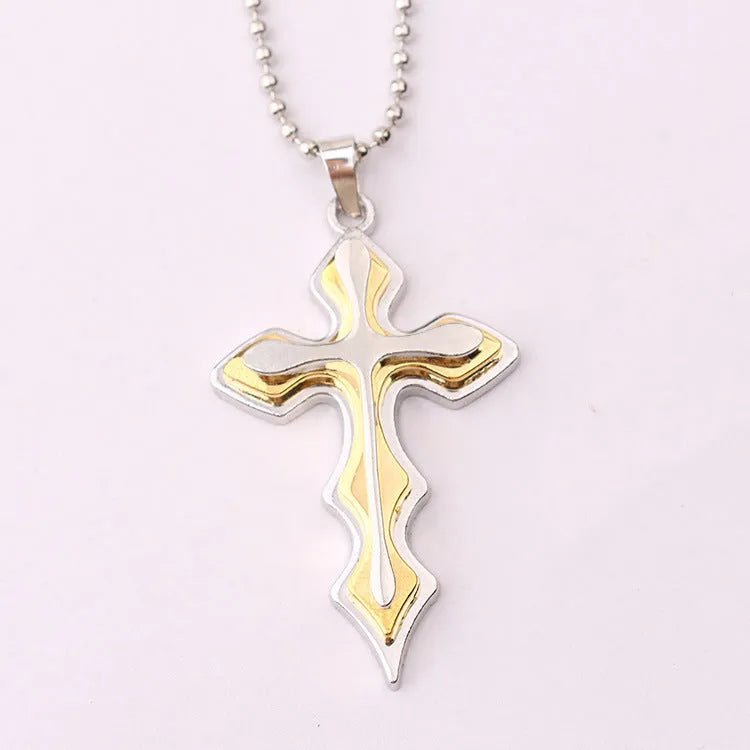 Men's three-tiered blue and black cross pendant necklace on 50cm round bead chain
