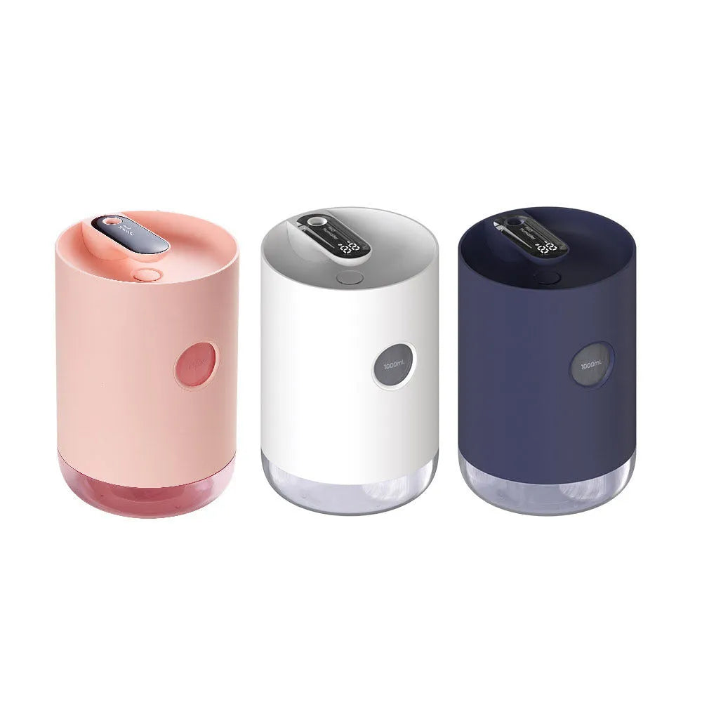 A blue wireless humidifier with a USB cable on a wooden desk.