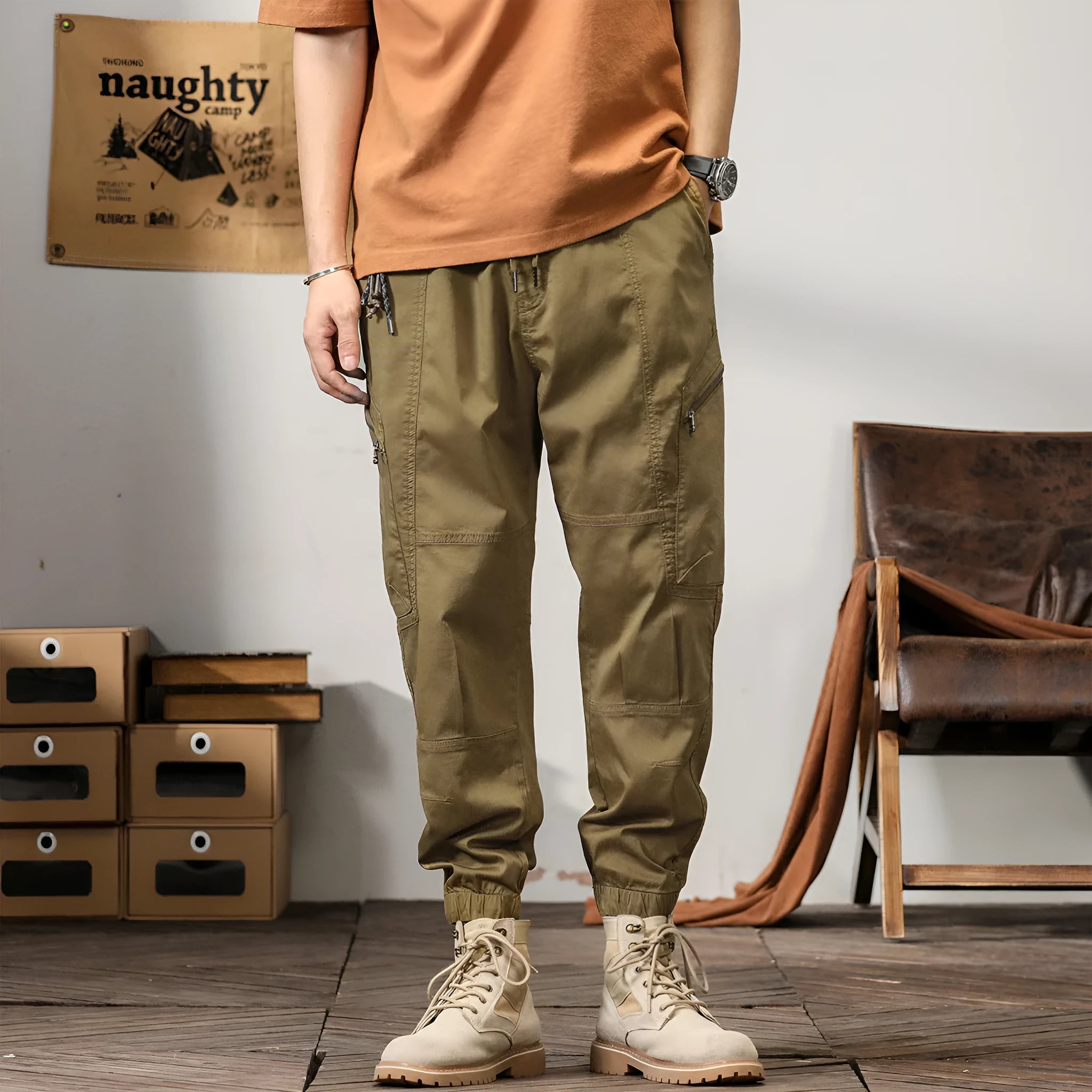 Men's khaki cotton retro overalls with tapered harem style and ankle banded legs
