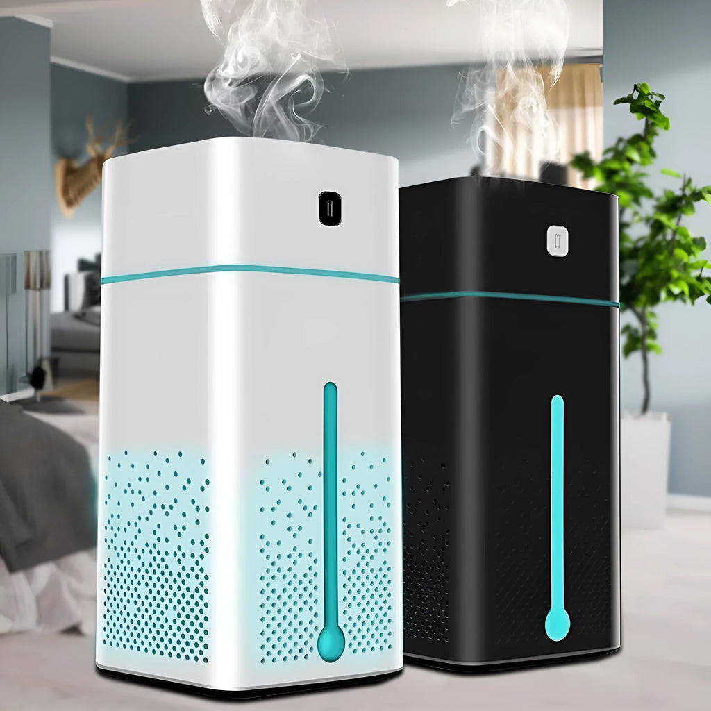 Black and white USB desktop humidifier with 1000ml capacity on desk