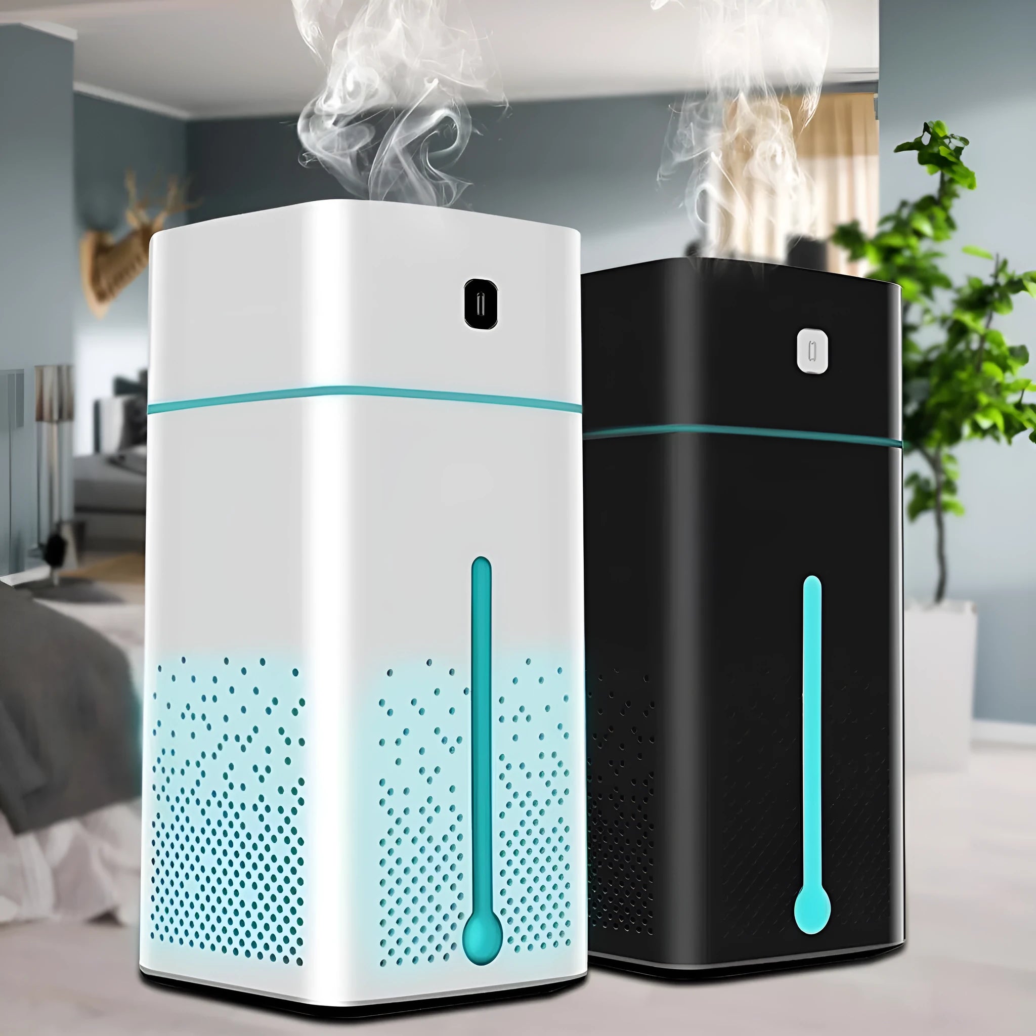 Black and white USB desktop humidifier with 1000ml capacity on desk