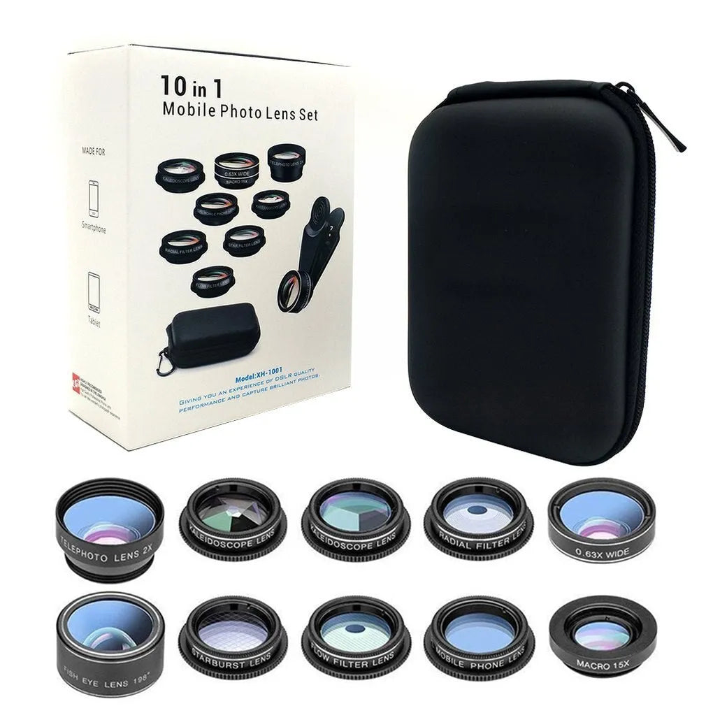 Black ten-piece smartphone camera lens set with fisheye lens and metal housing on a table.