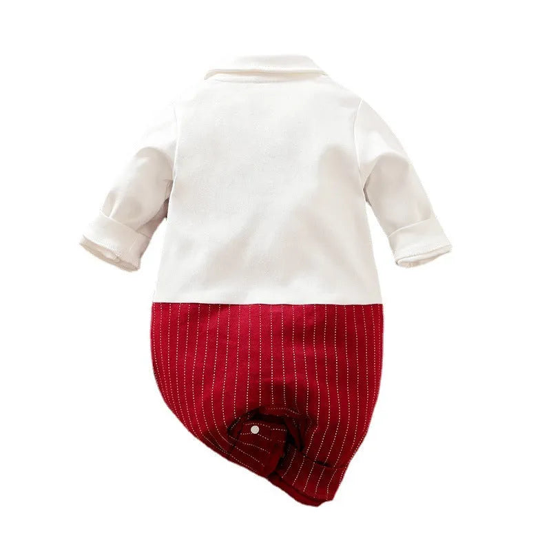 Baby boy wearing a wine red long-sleeved gentleman-style cotton jumpsuit with single-breasted closure.