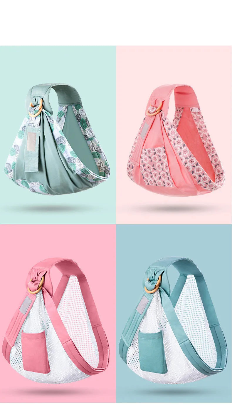 Adjustable baby wrap carrier sling shown in multiple colours, suitable for infants 0-36 months.