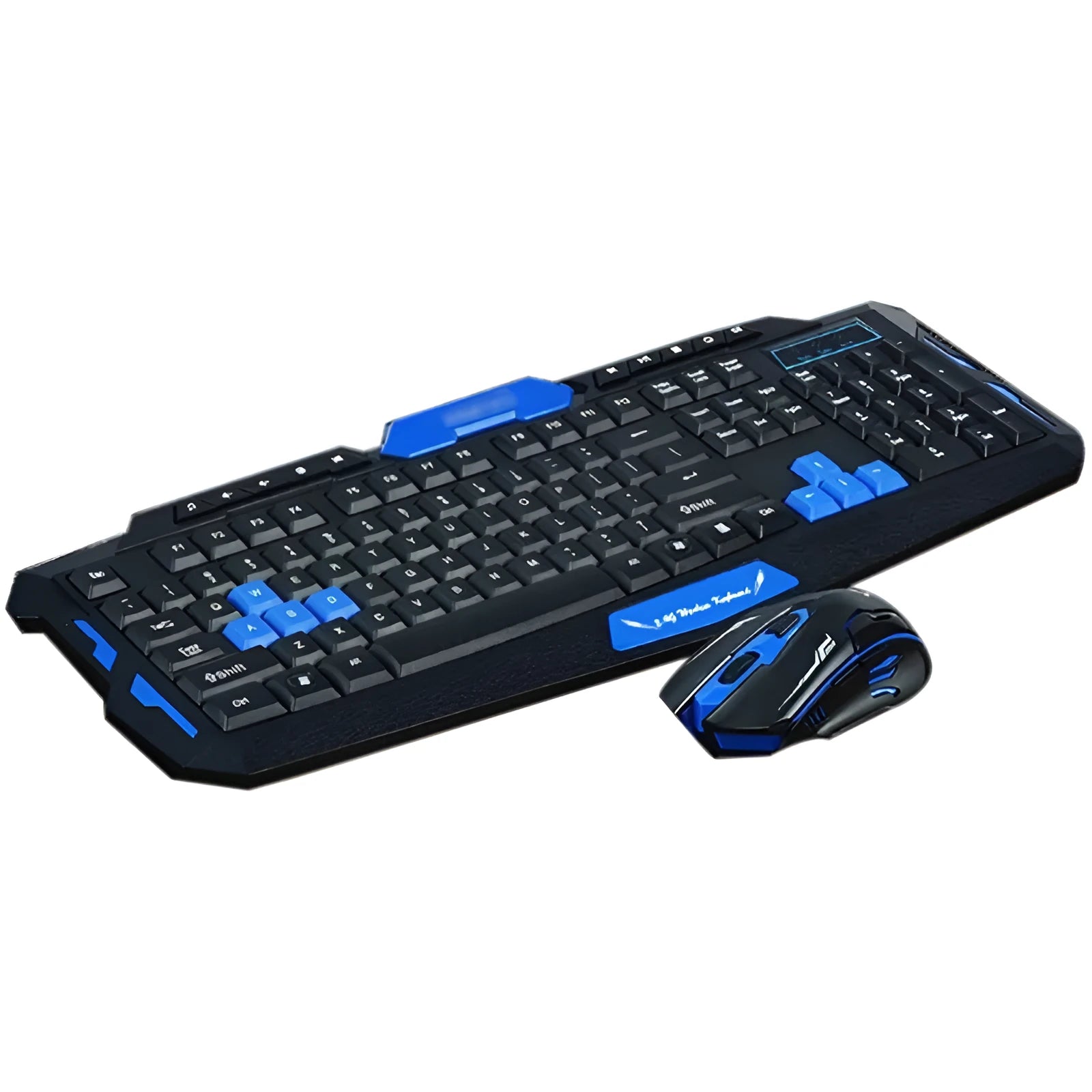 Black and blue wireless keyboard and mouse set on a desk, showing full-size keyboard and ergonomic mouse.