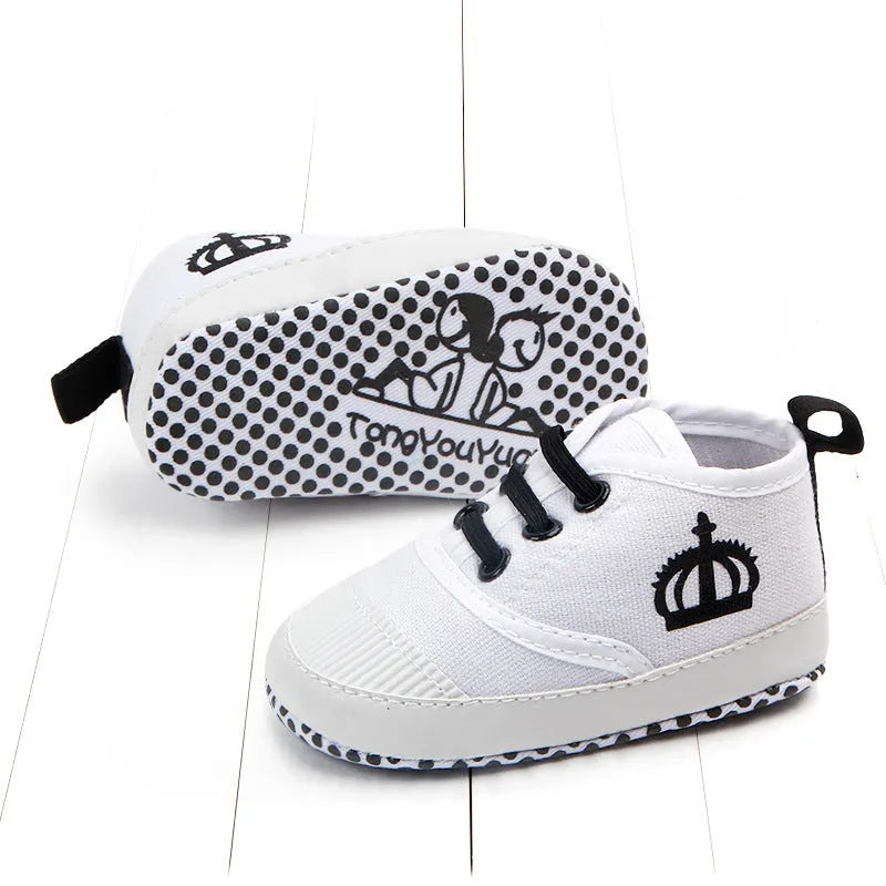 Red and white cotton canvas toddler shoes with elastic band closure