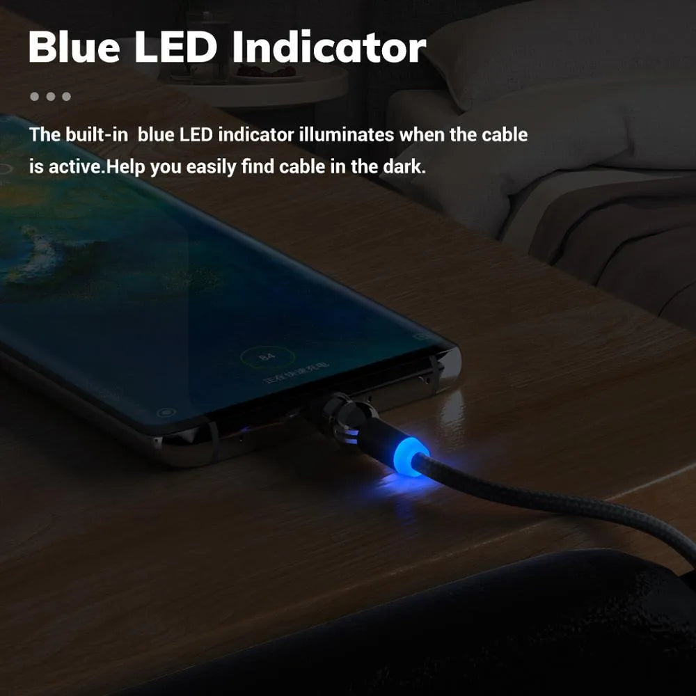 Black magnetic charging cable with spherical rotating head shown connected to mobile phone