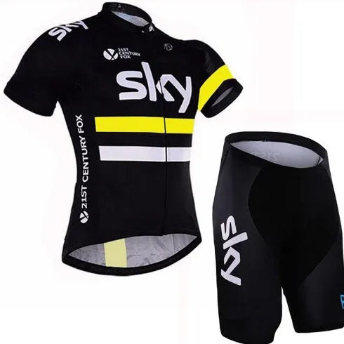 Men's short sleeve cycling suit set in black, blue, white, and yellow colour options, sizes XS to 3XL
